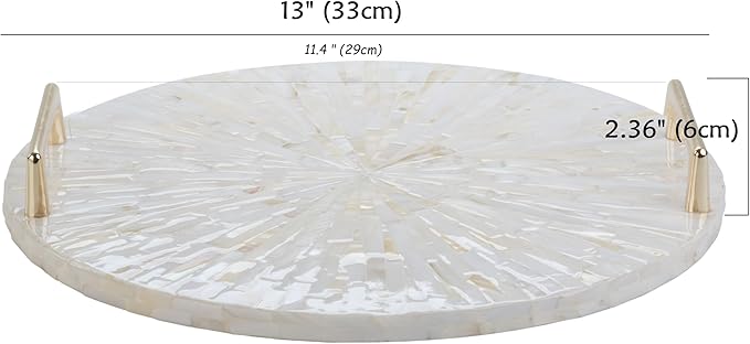 PEMAR Mother of Pearl Decorative Tray, 13"" Round with Gold Metal Handles, Vanity/Perfume/Trinket Tray, Catchall for Dresser, Bathroom, Vanity Table (White Sunlight)