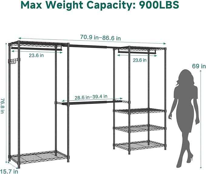 Heavy Duty Garment Rack, Portable Expandable Freestanding 4 Tiers Adjustable Wire Shelves Clothes Rack with 2 Retractable Poles, 70.9-86.6" L x 15.7" W x 76.8" H, Max Load 900LBS, Black