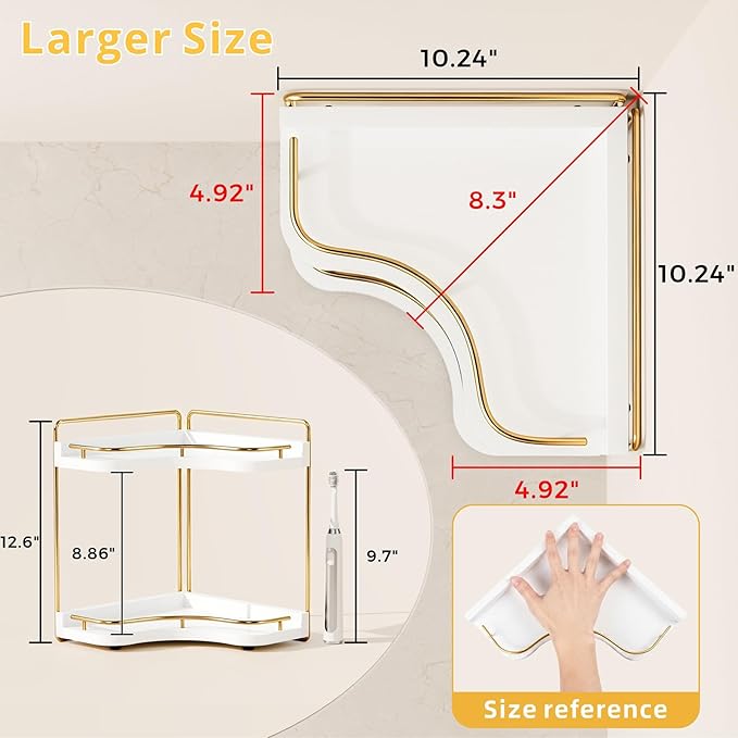 2-Tier Corner Bathroom Counter Organizer with Embedded Screw Holes, Secure & Stable Wood Vanity Shelf for Makeup and Skincare Essentials - Space Saving Bathroom Countertop Storage, White Gold