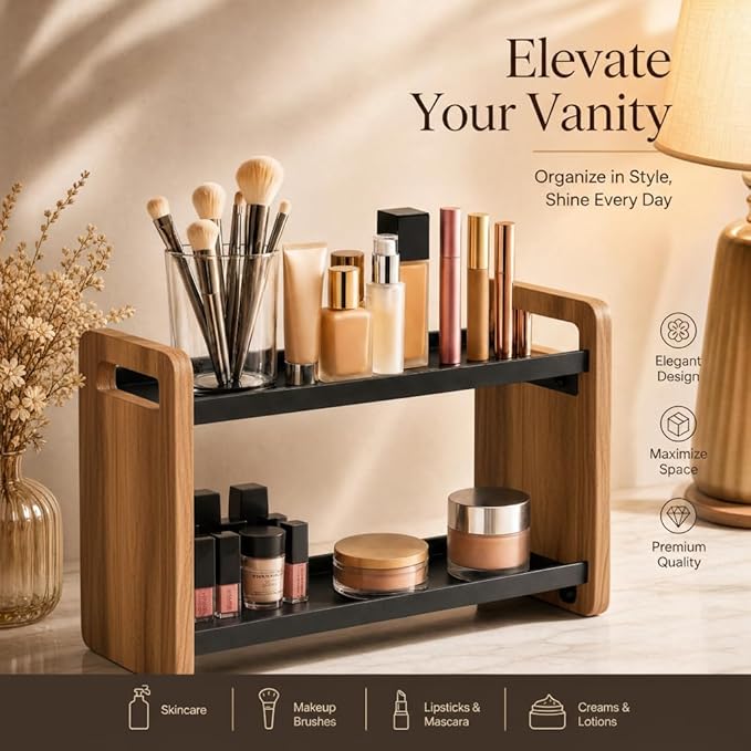 Narrow Solid Wood Bathroom Counter Organizer, Space-Saving Bathroom Storage Rack for Vanity, Multi-Purpose Kitchen Spice Rack & Bedroom Makeup Organizer (Black, 3 Tier)