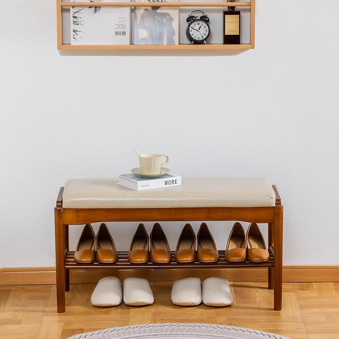 SOBIBO Entryway Shoe Bench with Cushioned Seat, 2-Tier Rubberwood Shoe Rack Storage Organizer for 8-12 Pairs, 31.5" Shoe Storage Bench (Beige)