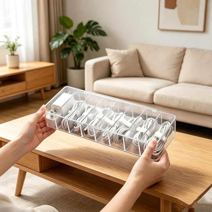 4Pcs cord organizer box with Lid, 10.2 x 3.5 x 2.2in, Desktop Cord Organizer with Compartments (4)