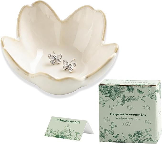 Mecaikru Flower Jewelry Tray Ceramic Ring Dish Jewelry Dish Small Trinket Tray Cute Ring Holder Key Bowl Decorative Plate Gifts For Mom/Sister/Friend, Birthday/Mother's Day/Christmas Gift (white)
