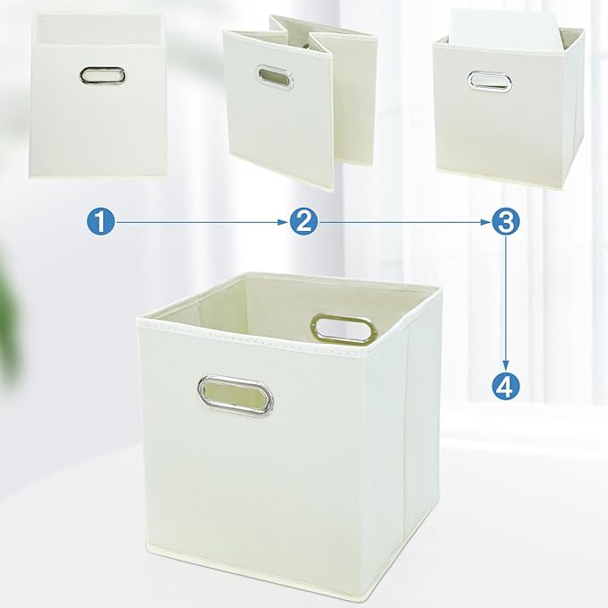 STORONE 13 Inch Cube Organizer Bins, Fabric Storage Bins with Dual Handles, Set of 6, Creamy-White