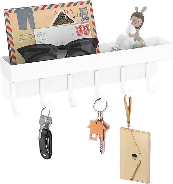 Magnetic Key Holder, Small Wall Mount Key Rack with Shelf for Fridge, 6 Metal Hooks, 9.65 Inch, 2 Installation Options, White