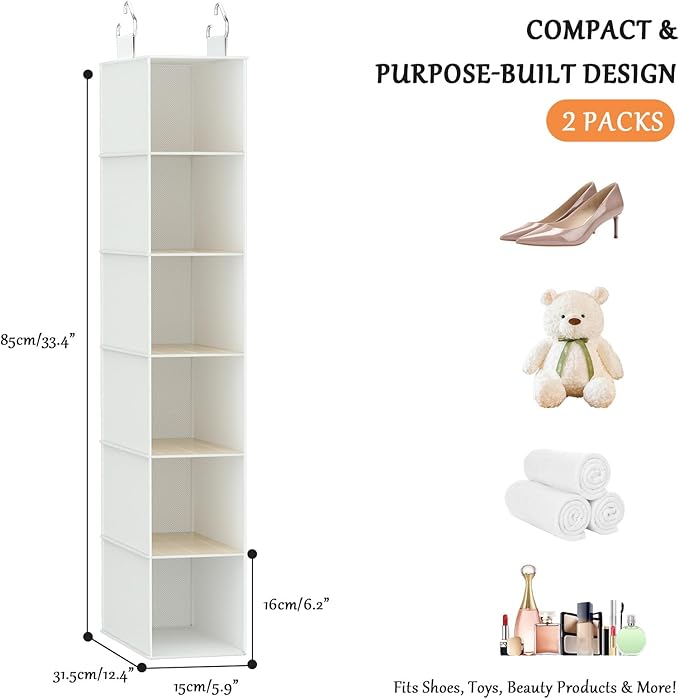 Hanging Shoe Shelves - 6 Section,Closet Organizer Set of 2 with Woven Bamboo Shelves,Slim 5.5” Wide Design for Space-Saving Storage,White