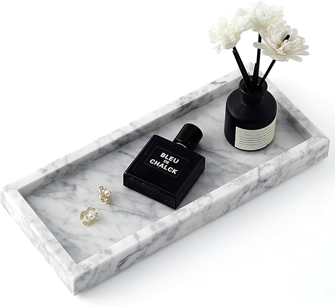 Real Natural Marble Tray for Bathroom, Vanity, Kitchen and Desktop, Rectangle Genuine Marble Stone Tray for Jewelry, Cosmetics, Candles, Lotion, Perfume and Home Decor, 12"x5" Size