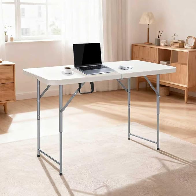 FoldingTable 4 Foot Portable Heavy Duty Plastic Table and Adjustable Height Folding with Carrying Handle,Indoor Outdoor with Kids Table, Picnic,Party,Camping White