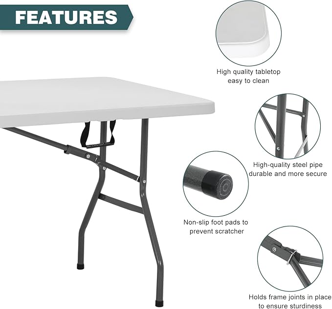 FDW 6 Foot Outdoor Dining Table, Foldable Portable Rectangular Plastic Folding Table with Built in Carrying Handle for Party and Wedding Use, White