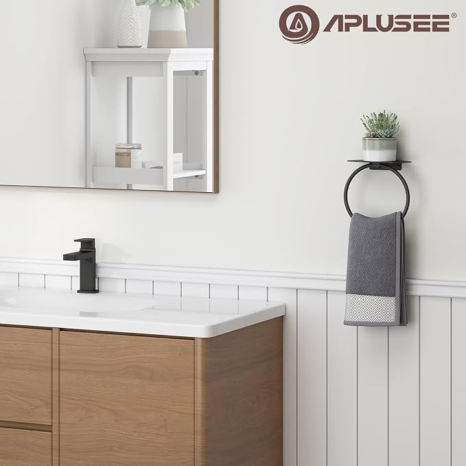 APLusee Matte Black Bath Towel Ring with Shelf, Stainless Steel Towel Holder, Wall Mount