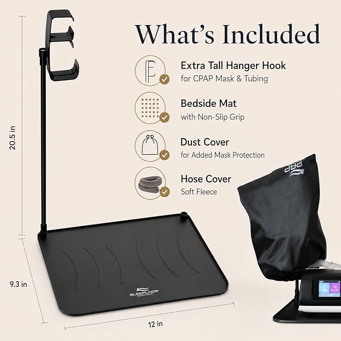 CPAP Protector Mat & CPAP Hose Holder – Insulate Hose Cover - Bedside CPAP Accessories Organizer with Hook for Mask & Tubing, Keeps Your Setup Neat, Tidy & Ready Every Night (Extra Tall)