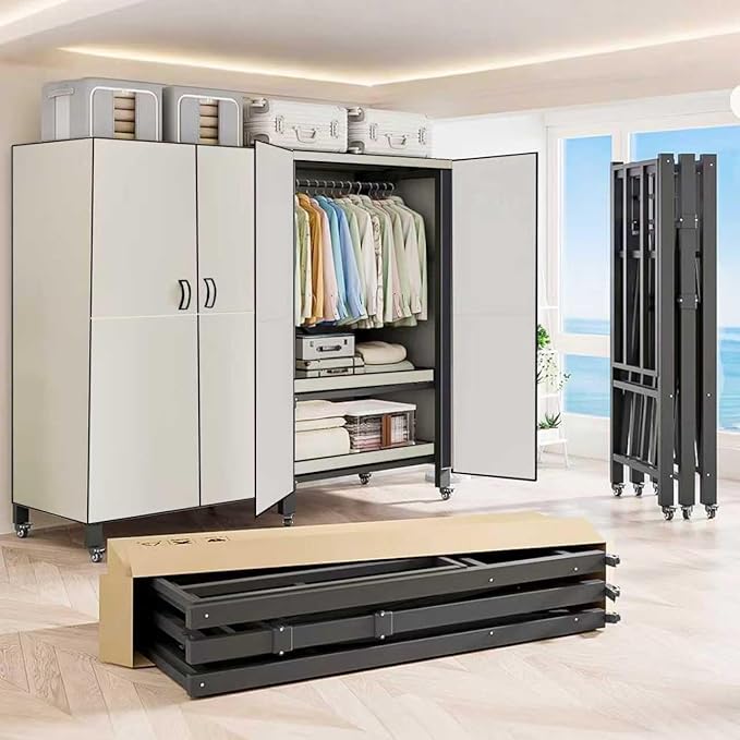 Heavy Duty Covered Clothes Rack with Magnetic Door Foldable Portable Wardrobe Closet for Hanging Clothing Rolling Black Metal Garment Rack on Wheels Closet System (White, 49.12in)