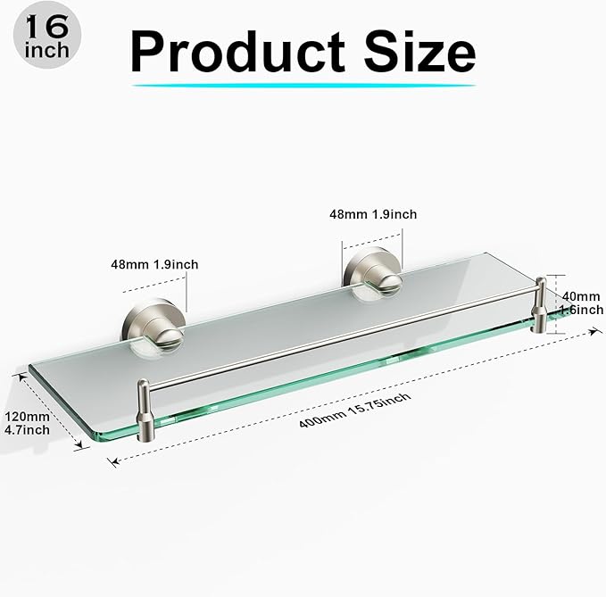 Glass Bathroom Shelves,Brushed Nickel Floating Shelves for Wall Rectangular Modern Stainless Steel Glass Shelf for Bathroom Shelves wall Mounted 16 Inch