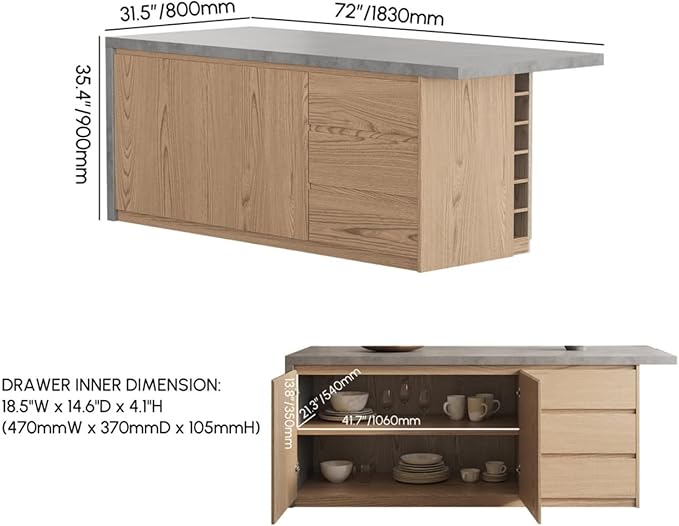 homary Kitchen Island with Storage & Wine Rack, 72" Modern Gray Kitchen Cabinet with Wood Top, Large Fixed Island with 3 Drawers & 6 Adjustable Shelves, Without Bar Stools