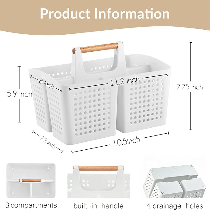 Portable Shower Caddy Basket with Wood Handle, 3-Compartment Bathroom Organizer Tote with Drain Holes, Plastic Shower Basket for Dorm, Toiletries, Cleaning Supplies, White