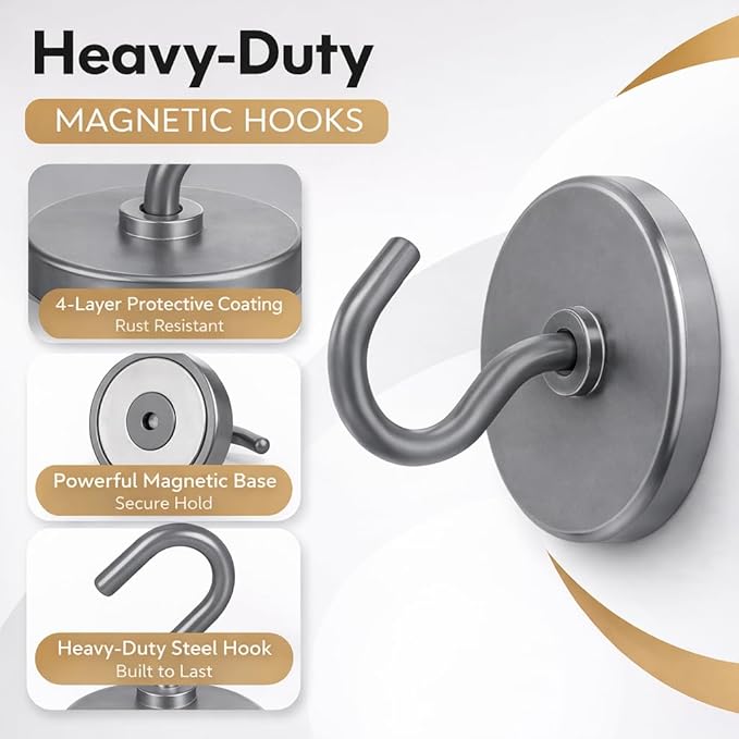 Neosmuk Magnetic Hooks, Heavy Duty 130lb+ Strong Magnet Hook for Cruise Cabins, Cruise Essentials 2026 for Hanging, Metal Wall Refrigerator Hangers (Grey, 10 Pack)