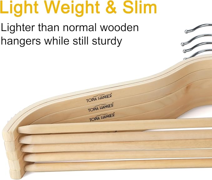 TOPIA HANGER Sleek Wooden Hangers with Non-Slip Rubber Grips, Sweater Hangers No Shoulder Bump, Lightweight Clothes Hangers for Women 20-Pack, 360° Swivel Hook and Pants Bar-CT63N20