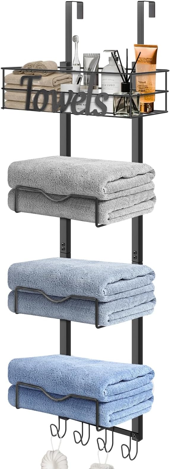 Over The Door Towel Racks, No Drill Towel Storage with Basket & Hooks, Space-Saving Multi-Functional Towel Holder for Bathrooms, bedrooms, Apartments, RVs (Matte Black, 5 Tier)