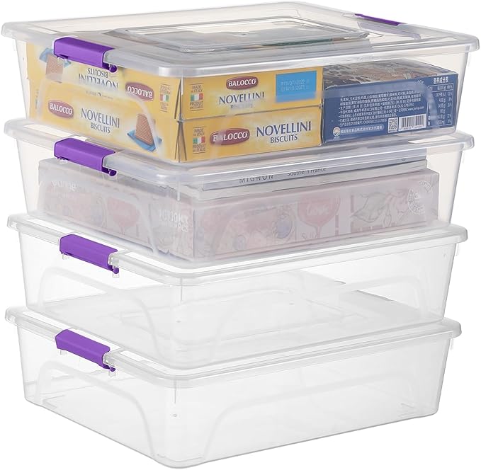 Plastic Storage Containers Clear Craft Storage Bins with Grey Handle,Organizer Box with Durable Lids Stackable Containers for Organizing Craft and Tools (4 Pack-10 Quart Purple)