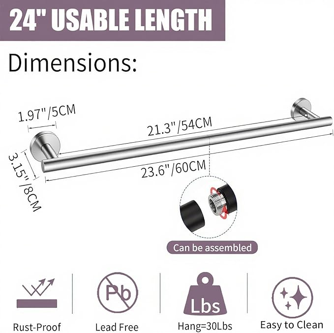 Brushed Nickel Towel Bar 24 Inch, 304 Stainless Steel Bathroom Towel Holder, Towel Racks for Bathroom Wall Mounted, Modern Bathroom Accessories for Home Bathrooms, Kitchens,Hotels & Toilets（Silver）