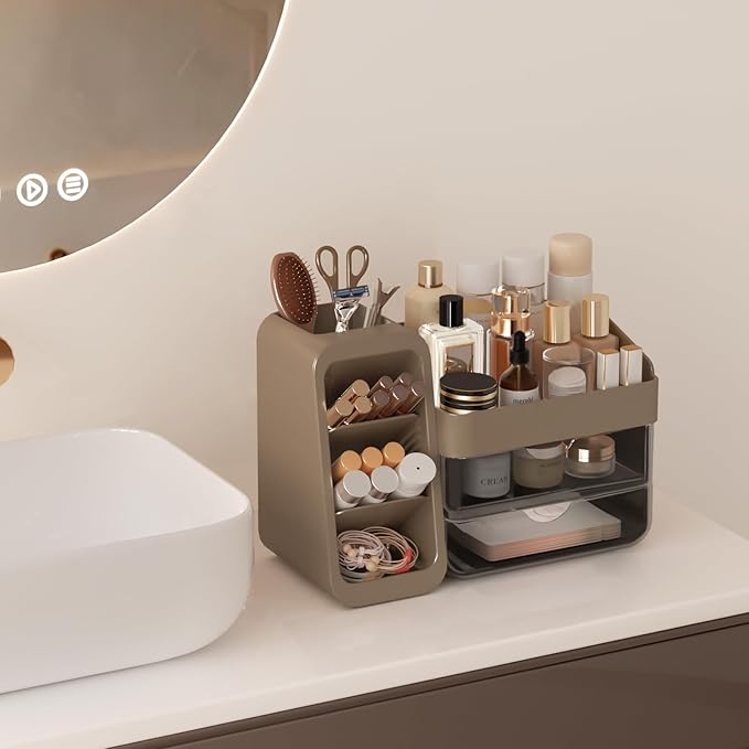 Makeup Organizer with Adjustable Brush Holder for Vanity, Large Skincare Organizer for Bathroom Countertop, Cosmetic Display Case with Drawers, Multi-Function Storage for Perfume, Lipstick, Palettes