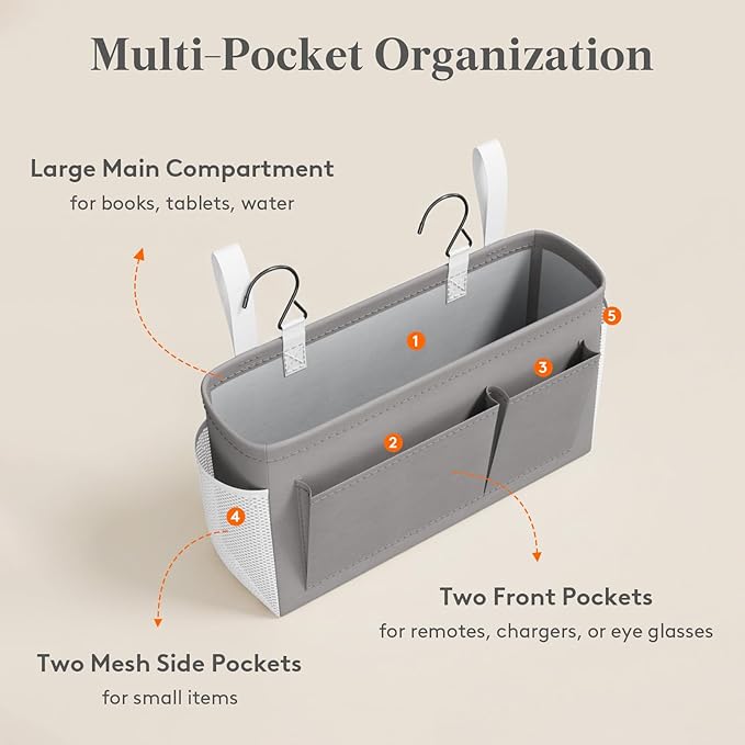 Lifewit Bedside Caddy Storage Organizer, Hanging Storage Bag with Fixed Straps, Book Remotes Holder for Home, College, Dorm, Bunk, Hospital, Crib Bed Rails, Grey