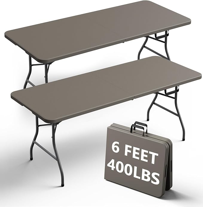 Folding Table 2 Pack, 6FT Heavy Duty Plastic Table with Handle, Foldable&Portable, Fold-in-Half Utility Tables for Outdoor, Dining, Wedding, Events, Indoor, Picnic, Camping, Party,Khaki