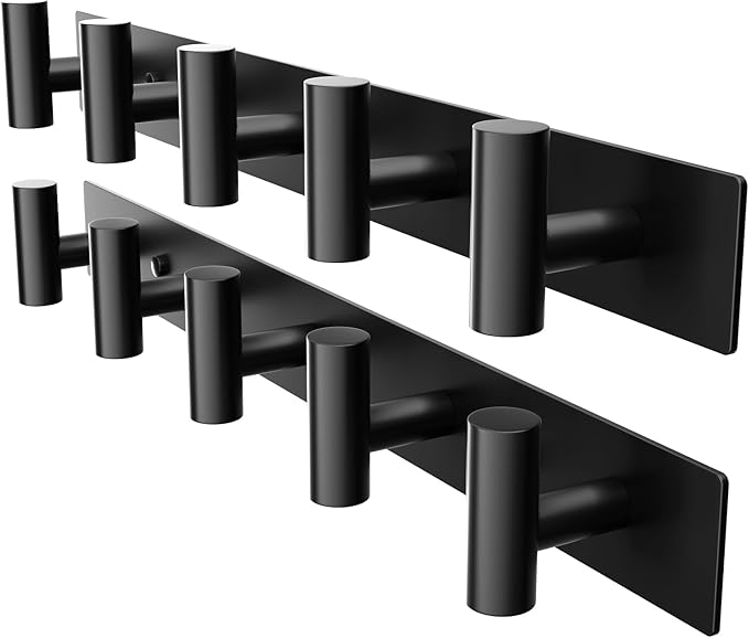 GWAAZXGZ Black Wall Mounted Coat Rack – 5 T-Shaped Pegs for Hats, Bags & Towels, Heavy-Duty Metal Rail for Entryway, Bathroom, Closet, Bedroom (2 Pack)