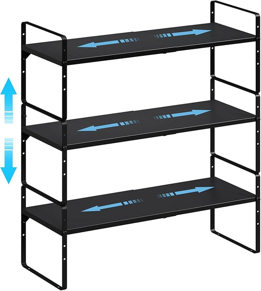 15.5 to 25.5 Inch Kitchen Cabinet Shelf Organizers, Adjustable Kitchen Counter Shelf Organizer, Set of 3 Expandable Countertop Storage Shelves, Stackable Design, 30LBS Heavy Duty, Space Saver