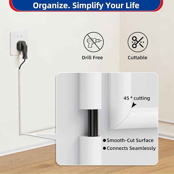 118" Side Buckle Cable Hider for 1 Cords,Extension Cord Covers for Wires On Wall,Adhesive Cord Hider for Wall Mount Tv, Wire Channel for Cable Concealer,Cable Raceway Home & Office,White