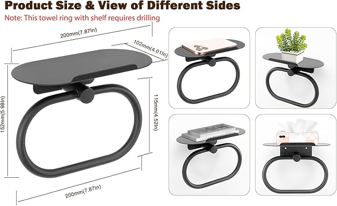 Hand Towel Ring with Shelf, Stainless Steel Hand Towel Holder, Heavy Duty Bath Accessories, Wall Mounted Towel Hanger for Bathroom Kitchen (Matte Black)