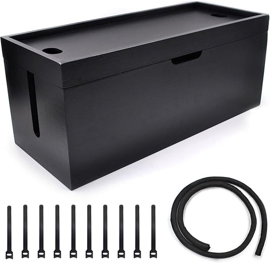 15 inch Bamboo Large Cable Management Box, Cable Box Organizer Cord Box Hider - Power Strip Box Hider Cable Storage Box for Office, TV Wires, Desk Cord Organizer, No Assembley Required, Bamboo (Black)