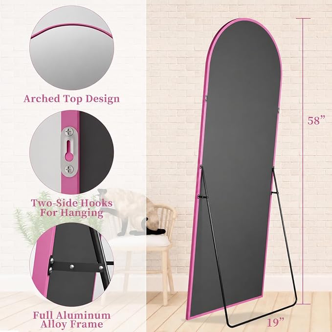 Full Length Mirror with Stand, 58"x19" Arched Full Body Mirror, Large Stand Up Aluminum Frame Floor Freestanding Hanging Leaning Mounted for Bedroom Living Room Entryway Pink