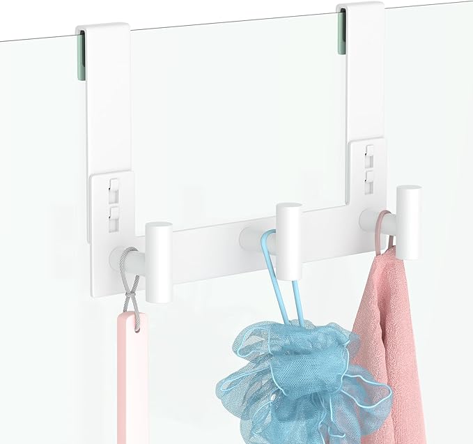 PMMASTO No-Drill Extra Long Shower Hooks, Fits 3/8" Thick Door, Heavy Duty Stainless Steel Towel Hooks for Frameless Glass Shower Door, Holds Bathrobe Towel (White, 3 T-Hooks)