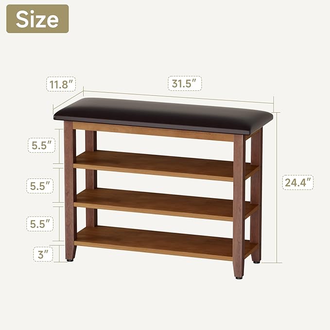 Shoe Bench with Leather Cushion,Wood Bench with Shoe Rack,3-Tier Shoe Storage Organizer for Entryway,Hallway,Living Room (3-Tier-31.5", Rubberwood)