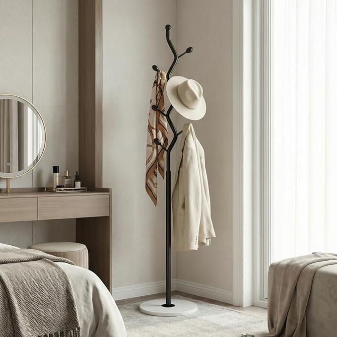 Freestanding Tree Branch Coat Rack with Marble Base, Gold Decorative Standing Coat Rack with 8 Hooks, Sturdy Heavy Duty Metal Coat Hanger Stand for Entryway Bedroom Living Room (Black + White)