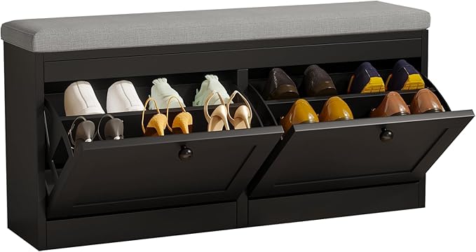 VOWNER Shoe Bench with 2 Flip Drawers, Shoe Organizer Storage Bench with Adjustable Shelves for Entryway, Hallway, Living Room (Black)