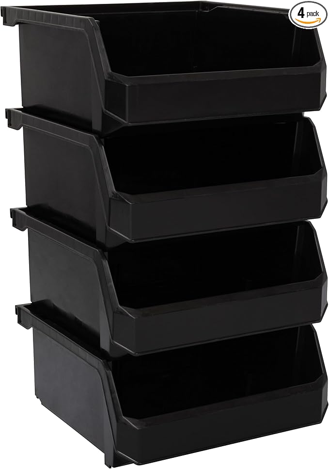 ReadySpace Plastic Containers for Organizing and Storage Bins for Drawers, Desks, Office Organization, and Garage, Stackable Bins, Medium-Wide (5" x 11" x 11"), 4-Pack, Black