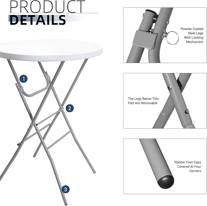 Byliable 32in Cocktail Table White High Top Folding, Portable Bar Height Folding Table Round with Removable Gray Legs, Indoor Outdoor Banquet for Parties, Commercial, Speech, Dining