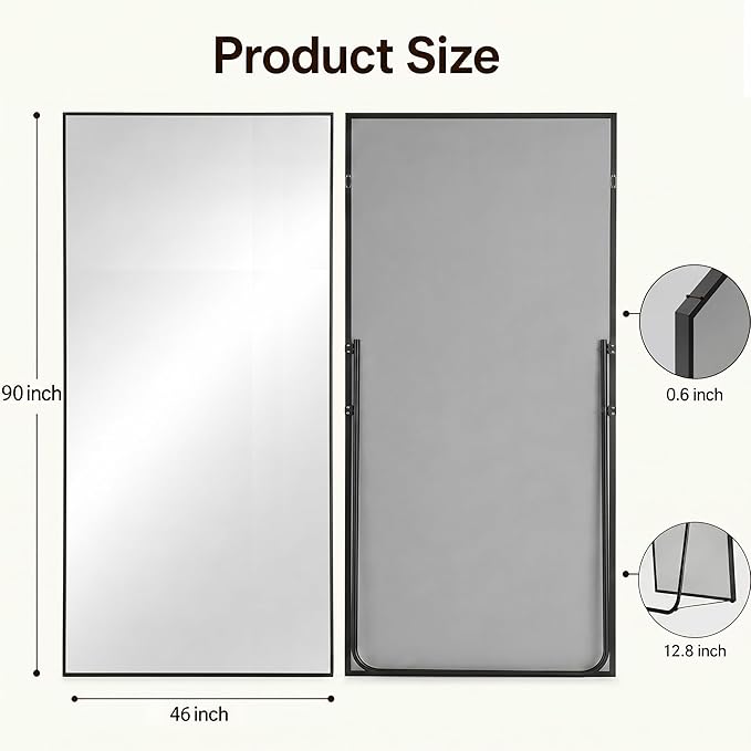 Antok Full Length Mirror, 46"x90" Floor Mirror with Stand, Hanging Mounted Mirrors for Bedroom, Living Room, Cloakroom, Dining Room, Black, Rect