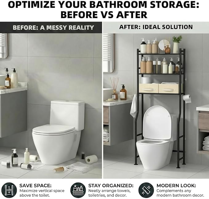 GloTika 3-Tier Over Toilet Storage with 2 Basket & Anti-Tilt System - 150lb Total Capacity Metal Bathroom Shelves Including Paper Holder & 4 Hooks, Space Saving Above Commode Organizer (64" H, Black)