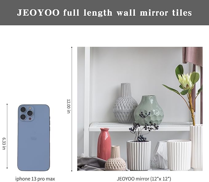 JEOYOO HD Glass Full Length Wall Mirror Tiles, 12'' x 12'' x 4PCS, Frameless Full Body Mirror Tiles for Bedroom, Full Length Mirror Wall Mounted for Home Gym, Gift Ideas