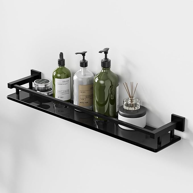 Alise Glass Bathroom Shelves Wall Mounted, 24 Inch Matte Black Tempered Floating Shelves Bathroom, Stainless Steel Bathroom Glass Shelf