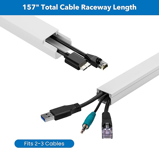 Mount-It! 157in Cord Hider Kit – Paintable Cable Raceway for TV Cables, Wires, and Power Cords, Wire Cover & Cable Concealer, Fire-Retardant Design, Incl. Corners & Connectors, Fits 2-3 Cables – White