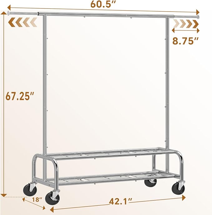 Simple Trending Heavy Duty Clothes Rack, Garment Rack with Extendable Side Rods & Botton Shelves, 25mm Metal Clothing Rack with Wheels, Bedroom, Laundry Room, Silver