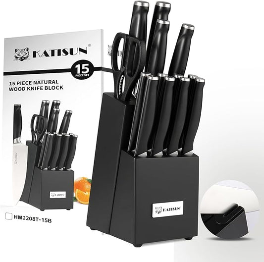 15-Piece Kitchen Knife Set with Block, ABS Ergonomic Handle for Chef Knife Set and Serrated Steak Knives Knife Sharpener and Kitchen Shears, Dishwasher Safe, Black Block