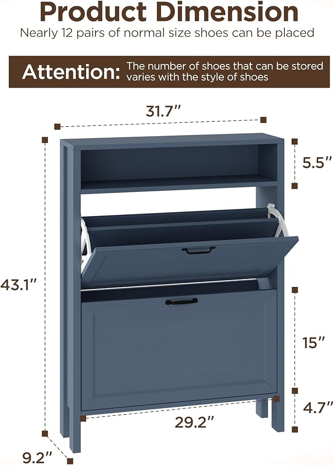 LOUVIXA Shoe Cabinet with 2 Flip Drawers, Narrow Shoe Storage Cabinet, Freestanding Shoe Cabinet Organizer, Hidden Shoe Rack Cabinet for Entryway, Hallway (2-Drawers, Blue)