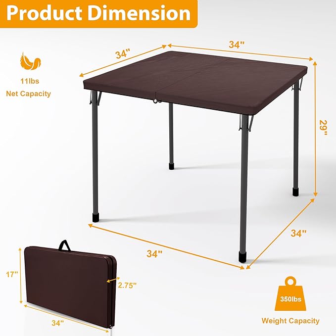 Kasunpul 34" Folding Table, Portable Square Folding Card Table with Collapsible Legs & Carrying Handle, Plastic Tables for Camping,Picnic, Office, Party, Brown