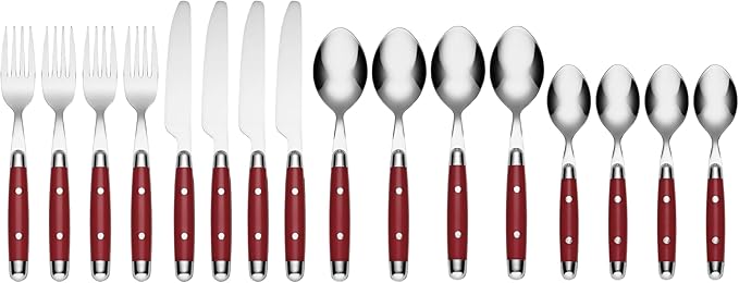 Cambridge Silverware Sets, Jubilee Red 16-Piece Flatware Set, Red Thick Handles, Service For 4, 18/0 Stainless Steel, Dishwasher Safe, Knives Spoons Forks, Kitchen Utensils Set (Red/Silver, 16 Piece)