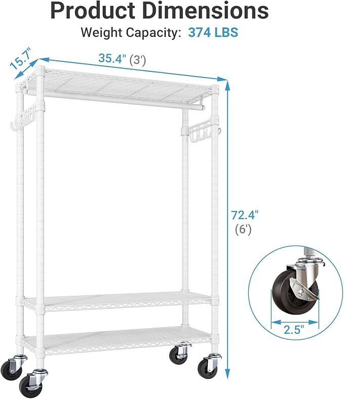 VIPEK R3C Portable Closet with Cover - Heavy Duty Freestanding Clothes Rack with Wheels & Hanging Rod & Side Hooks, 35.4" L x 15.7" W x 72.4" H, White Rack with Grey Upgraded Polyester Cover